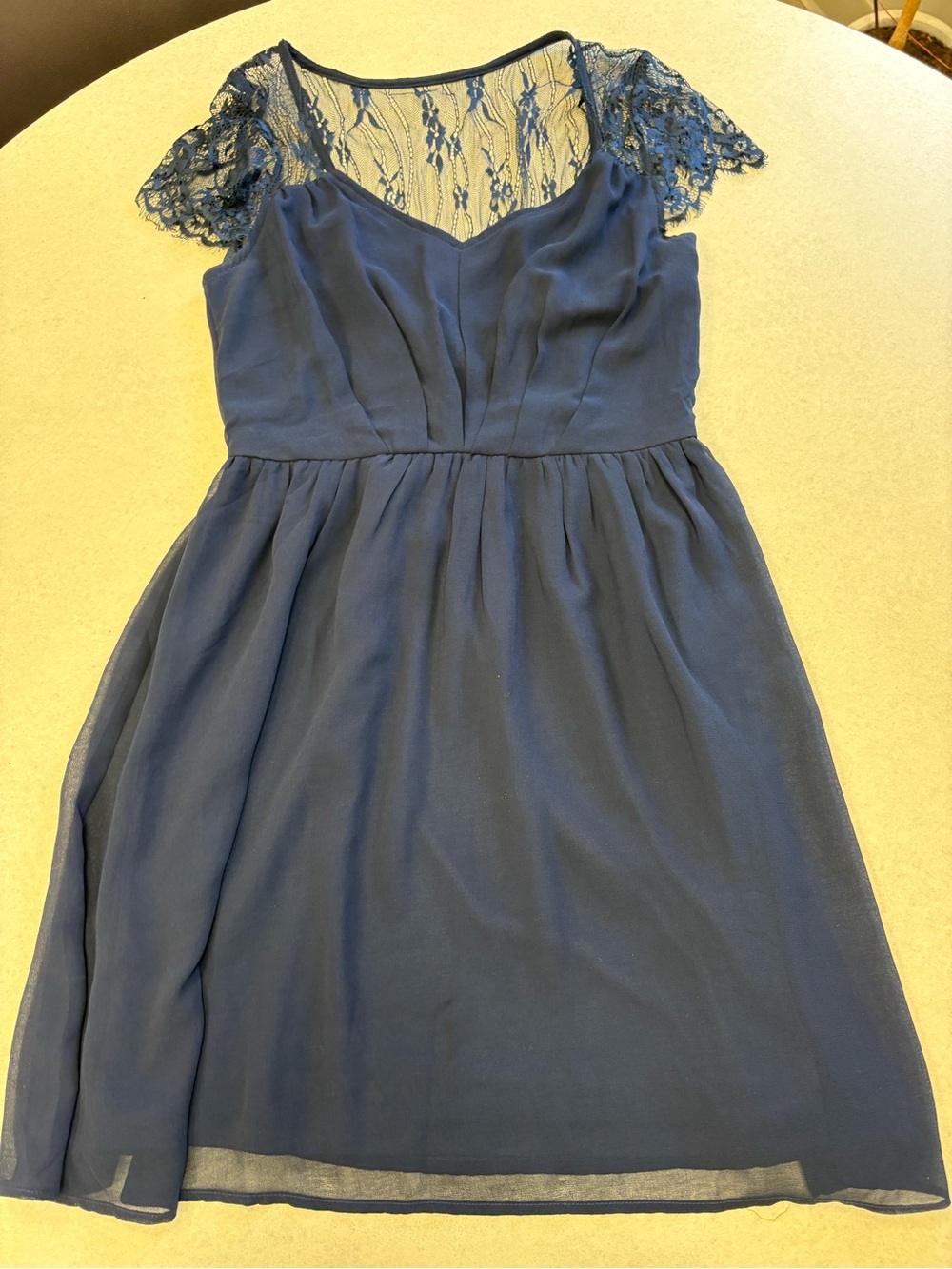Crescent Navy Blue Lace-Yoke Chiffon Midi Dress
